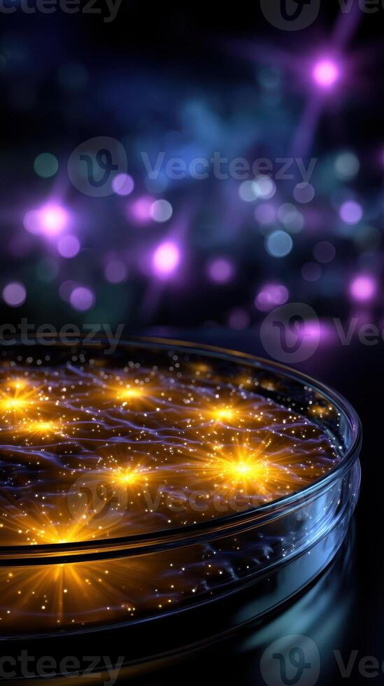Colorful glowing particles in a petri dish set against a dark background highlighting scientific experimentation photo