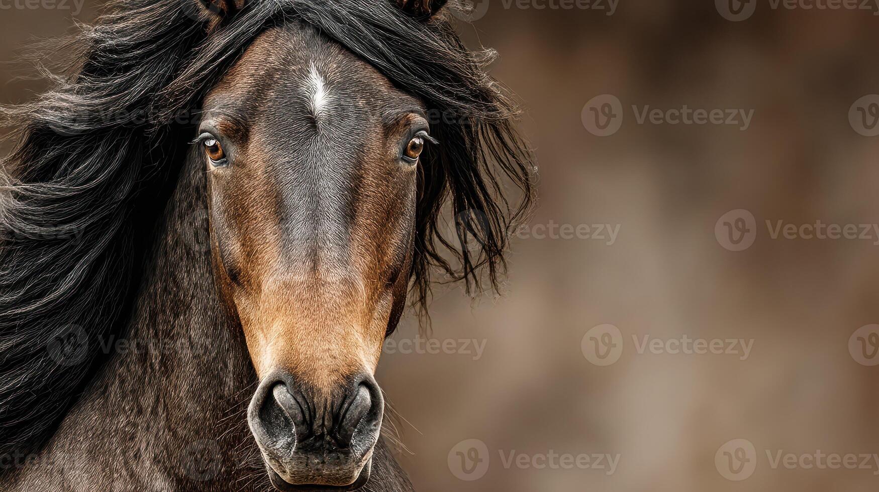 Majestic horse with flowing mane captured in soft light during a serene moment on a farm photo