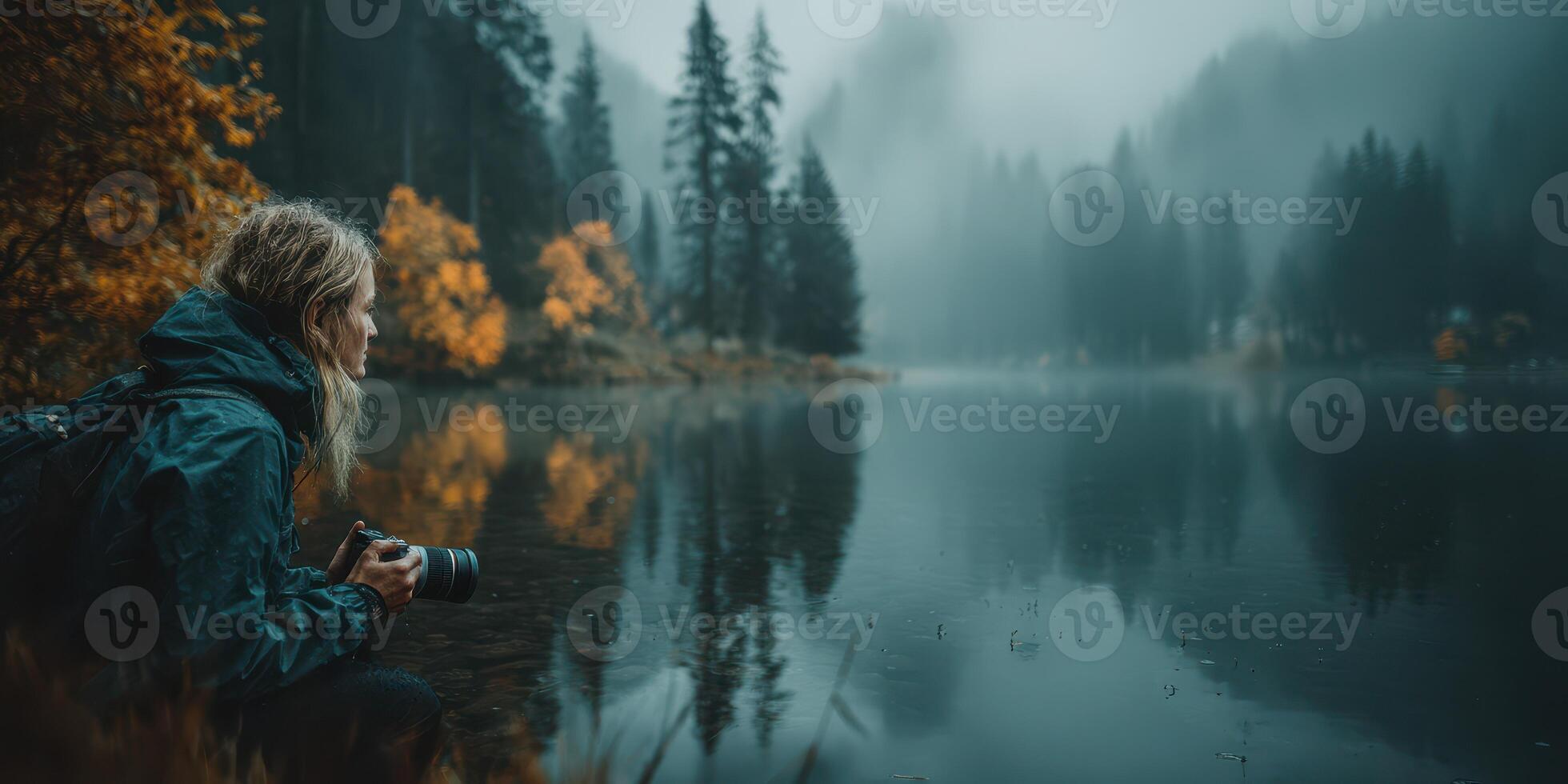 Woman capturing autumn scenery by tranquil lake in misty forest photo