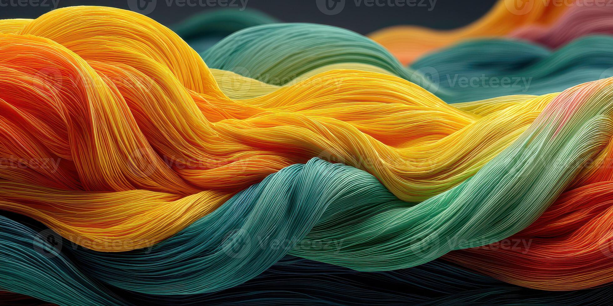 Colorful silk fibers arranged beautifully in a wave pattern showcasing vibrant hues and textures in a close-up view photo