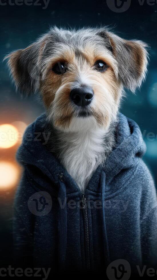 Dog dressed in cozy hoodie posing for the camera in a nighttime urban setting displaying charming expression photo