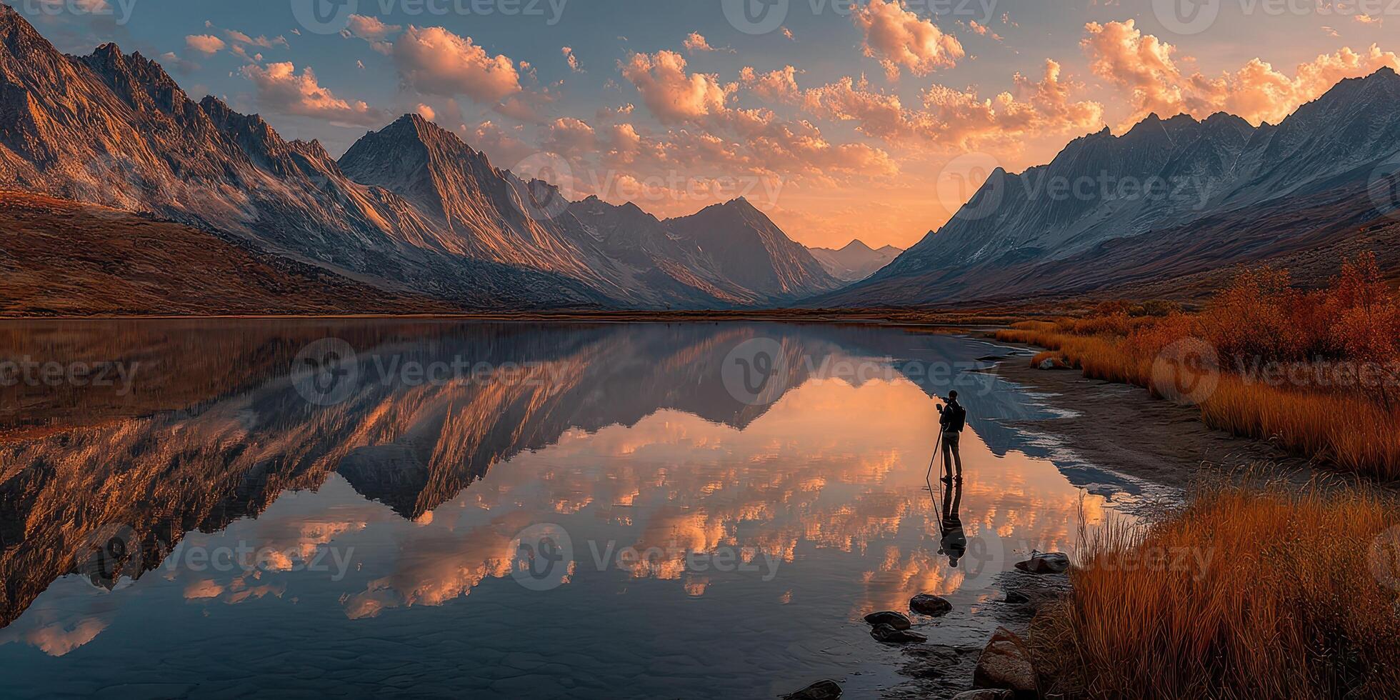 Majestic mountain landscape with serene lake reflection at sunset in a remote wilderness area photo