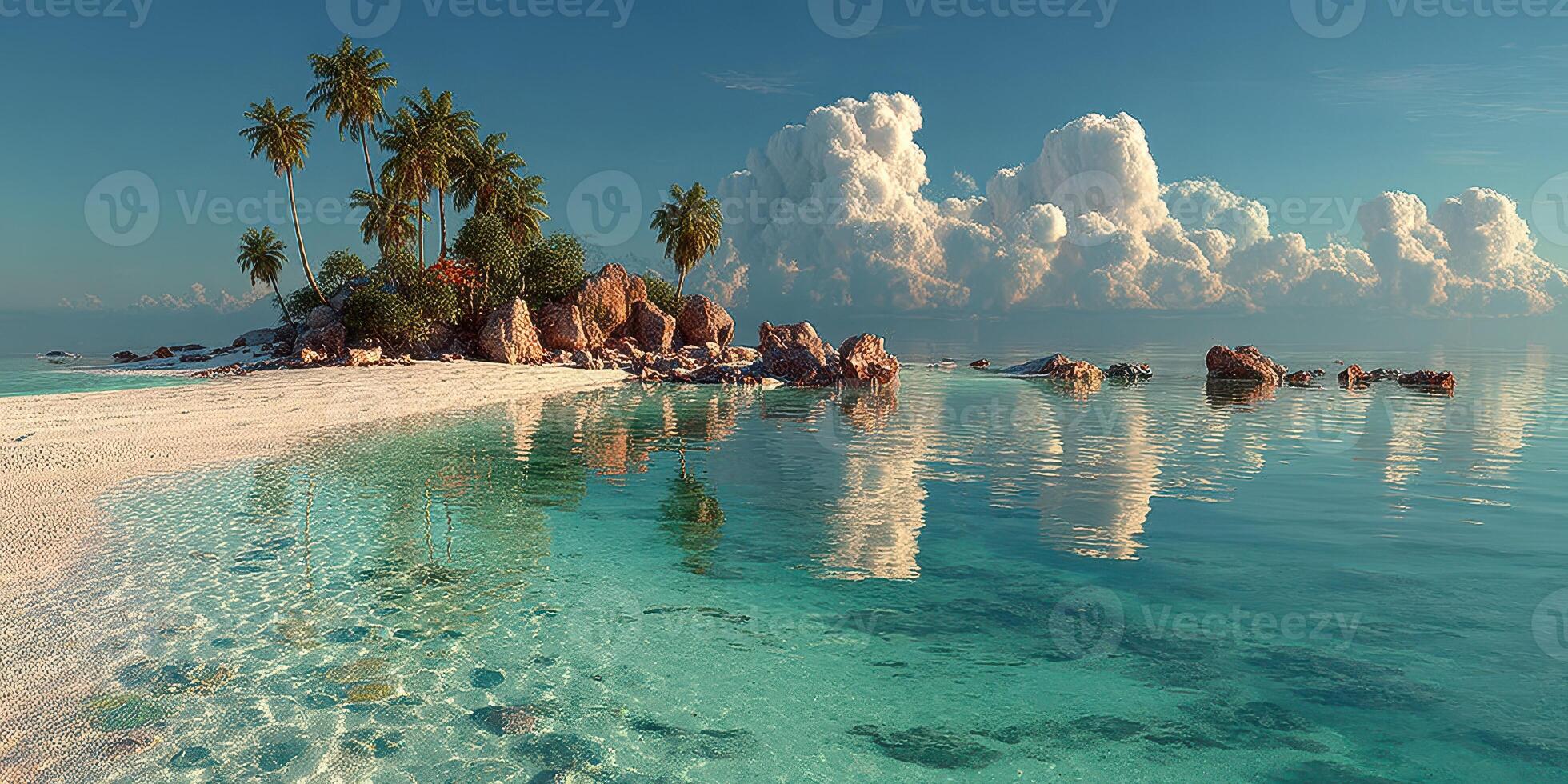Beautiful tropical beach with clear turquoise waters and palm trees on a sunny day by the coast photo