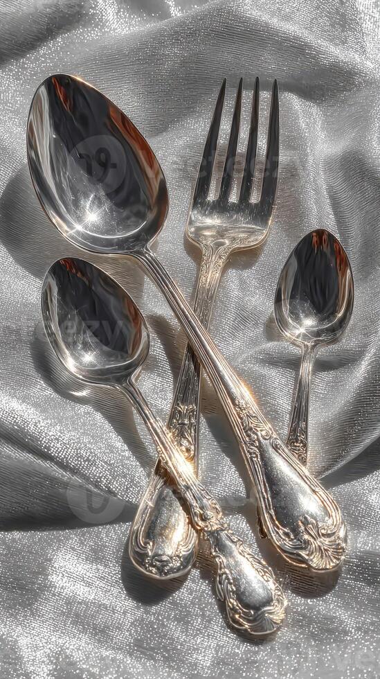 Beautifully arranged silver cutlery set reflecting light on a satin background in a timeless display photo