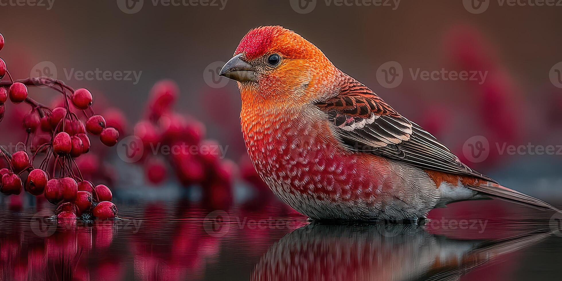 Brightly colored bird perched near red berries at sunset in a serene natural setting photo