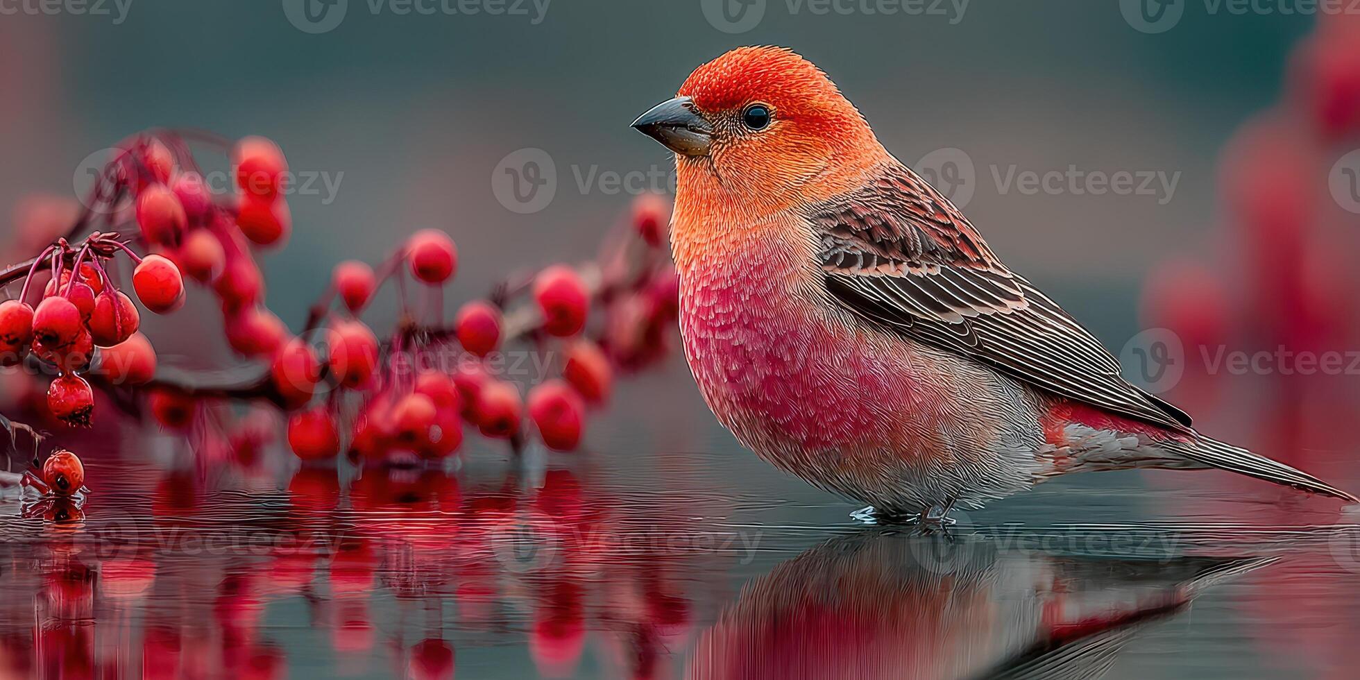 Colorful bird stands beside red berries on still water during early morning hours in a serene outdoor setting photo