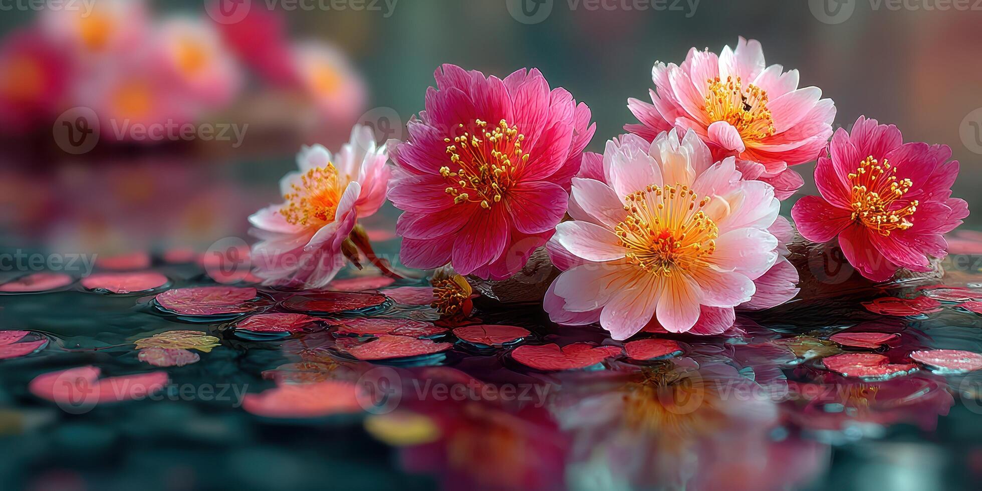 Beautiful pink and white flowers floating on water with scattered petals in a serene setting during daylight photo