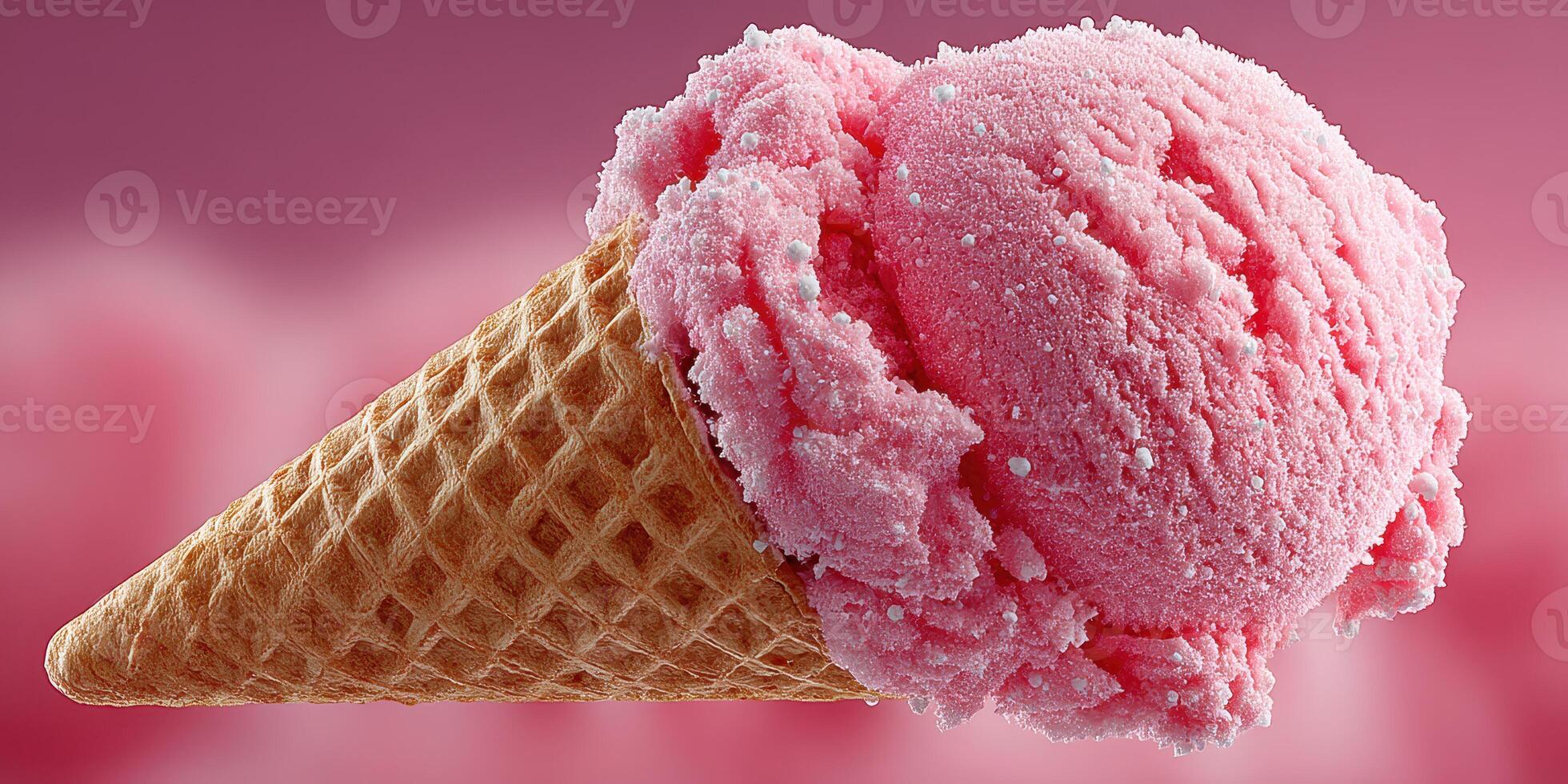 Bright pink strawberry ice cream in a waffle cone against a soft blurred background photo