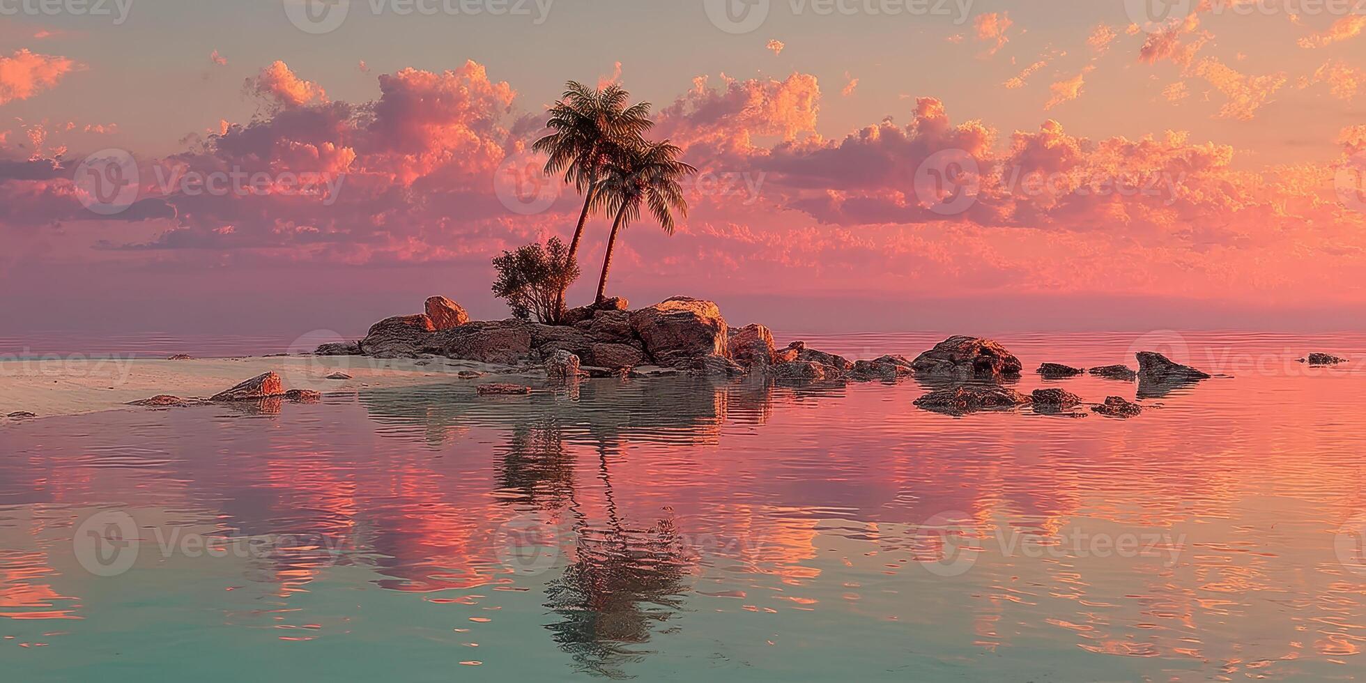 Dusk glow over a tranquil tropical island with palm trees and vibrant clouds at sunset photo