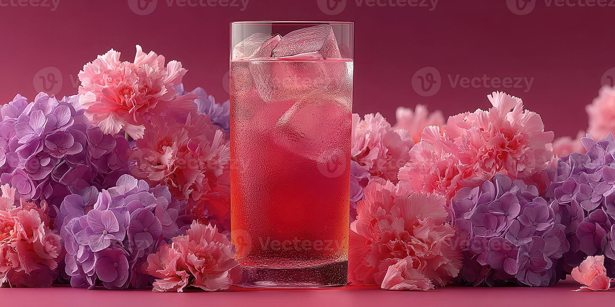 Refreshing beverage surrounded by vibrant flowers on a pink backdrop in a soft-lit setting photo