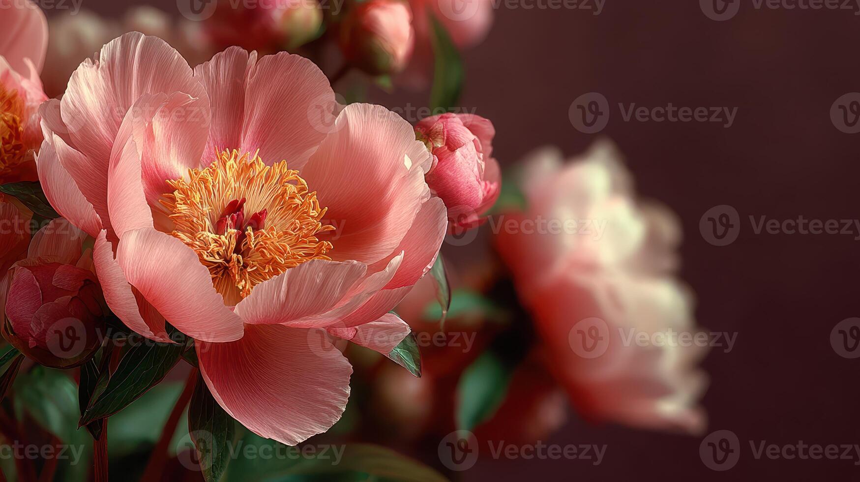 Beautiful pink peony blossoms blooming in soft light against a warm backdrop in a serene garden setting photo