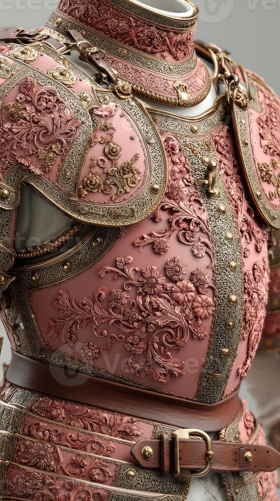 Elaborate body armor showcasing intricate floral designs and rich colors in a studio setting with dramatic lighting photo