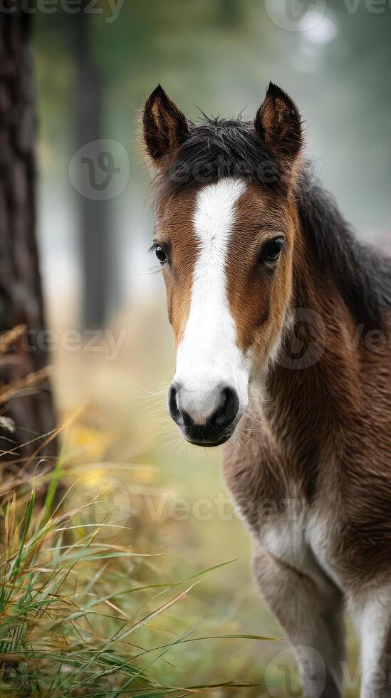 Young horse stands gracefully among trees in a misty landscape during early morning hours in the countryside photo