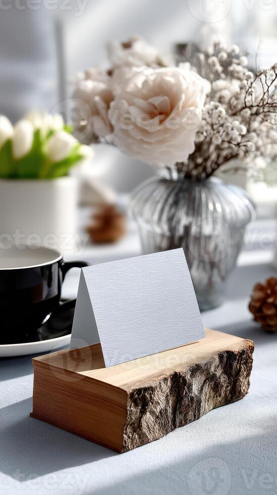 Elegant table setup with blank card holder, flowers, and coffee cup in a cozy atmosphere photo