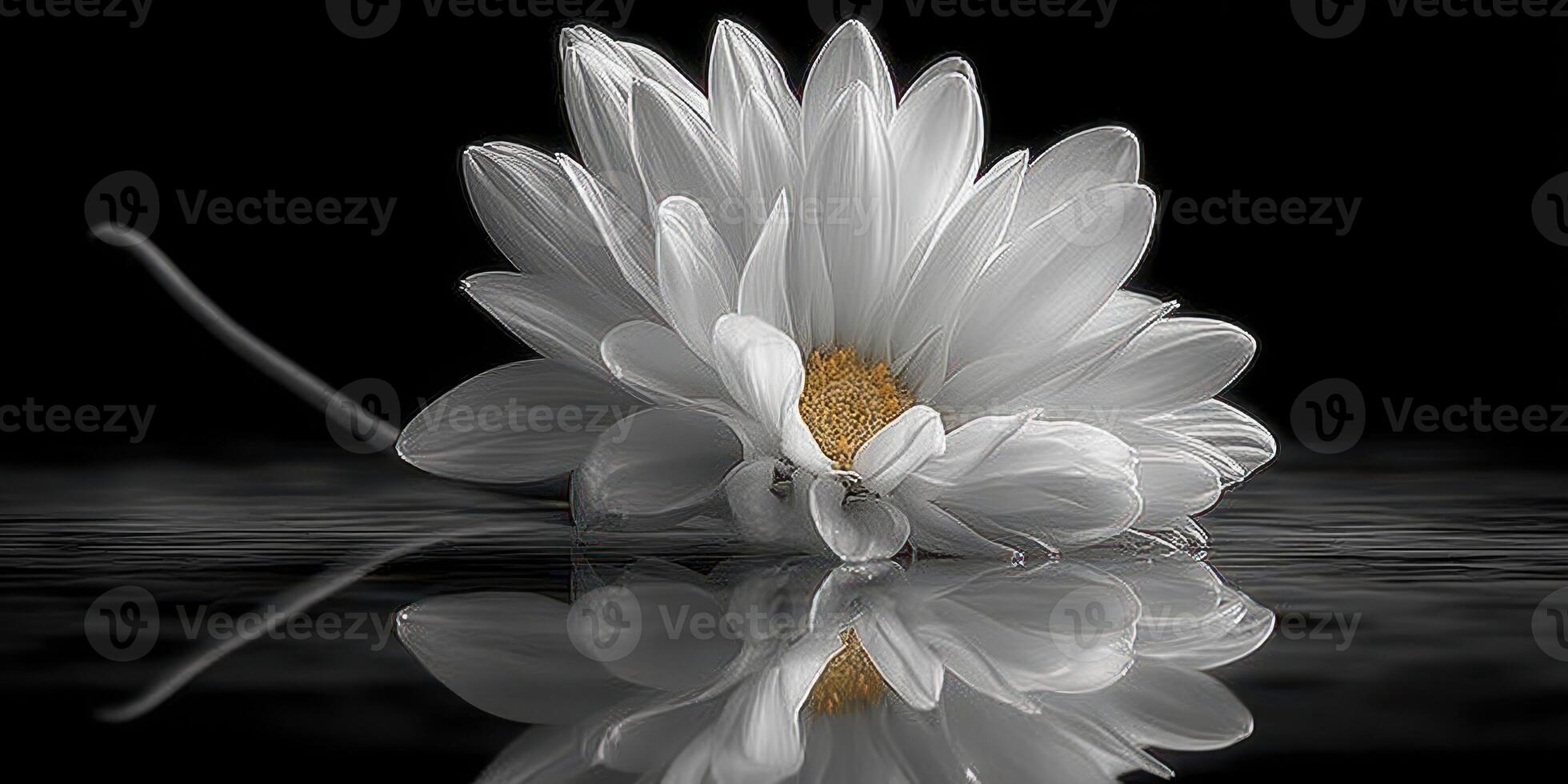 White flower lying on water with reflections captured in black and white style photo