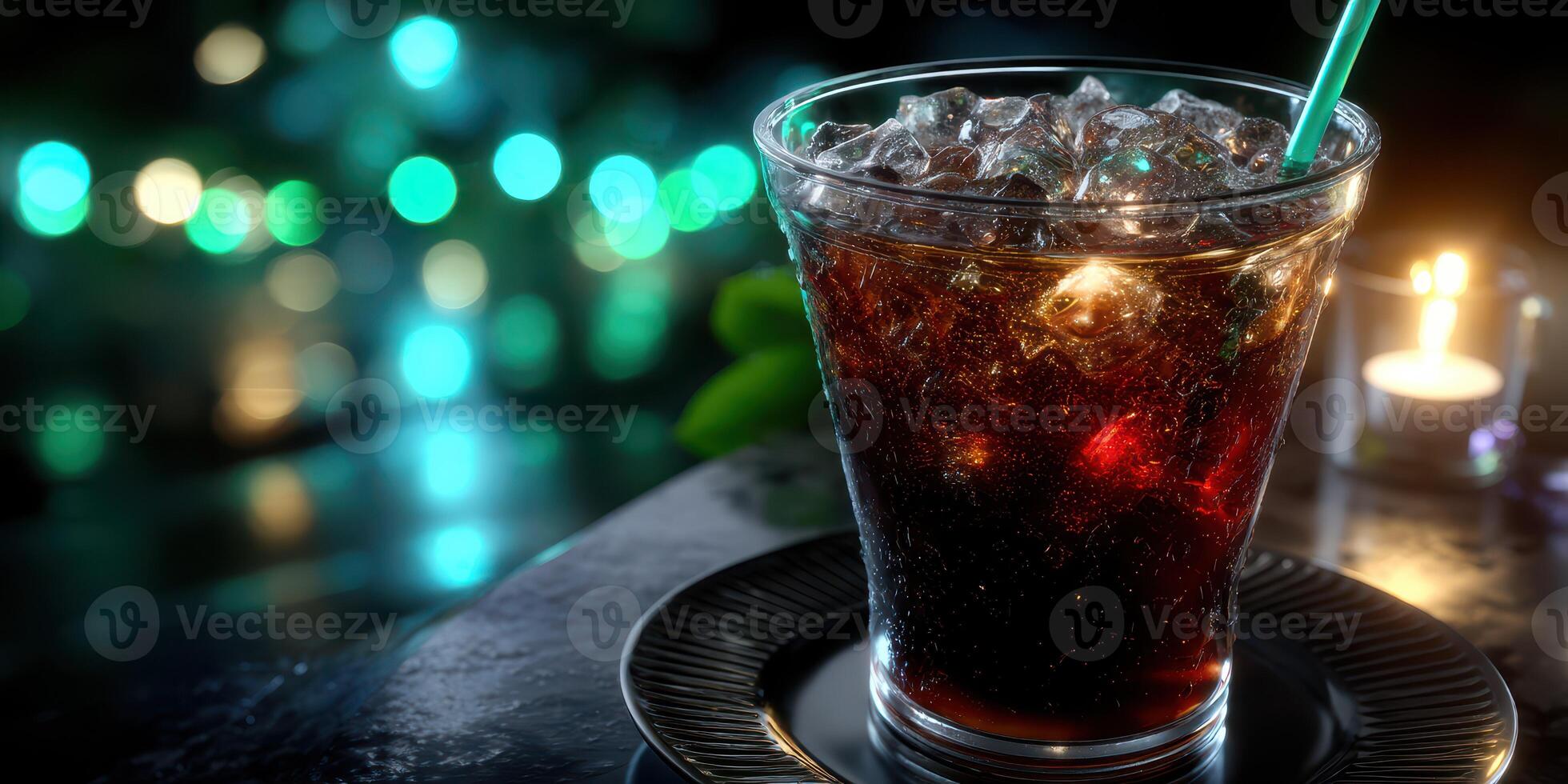 Refreshing drink served with ice at a dimly lit bar surrounded by colorful lights in the evening photo