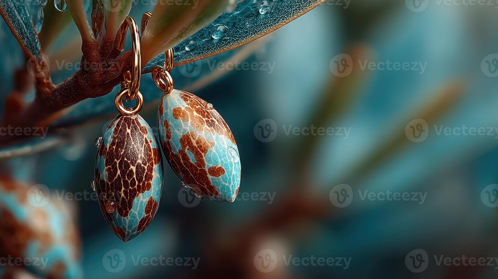 Beautiful artisan earrings showcasing intricate patterns and vibrant colors in a natural setting with droplets of water photo