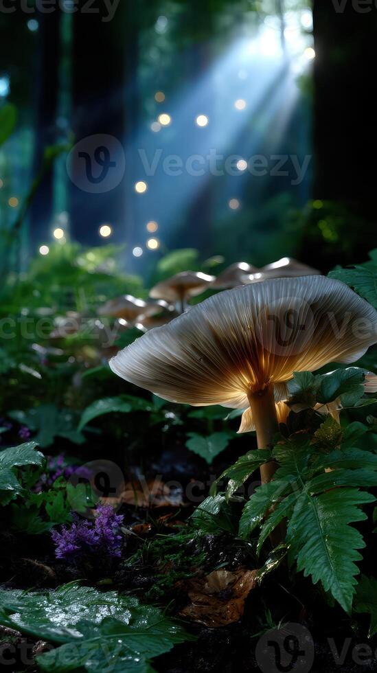 Mushrooms illuminated by sunlight in a serene forest setting during early morning hours photo