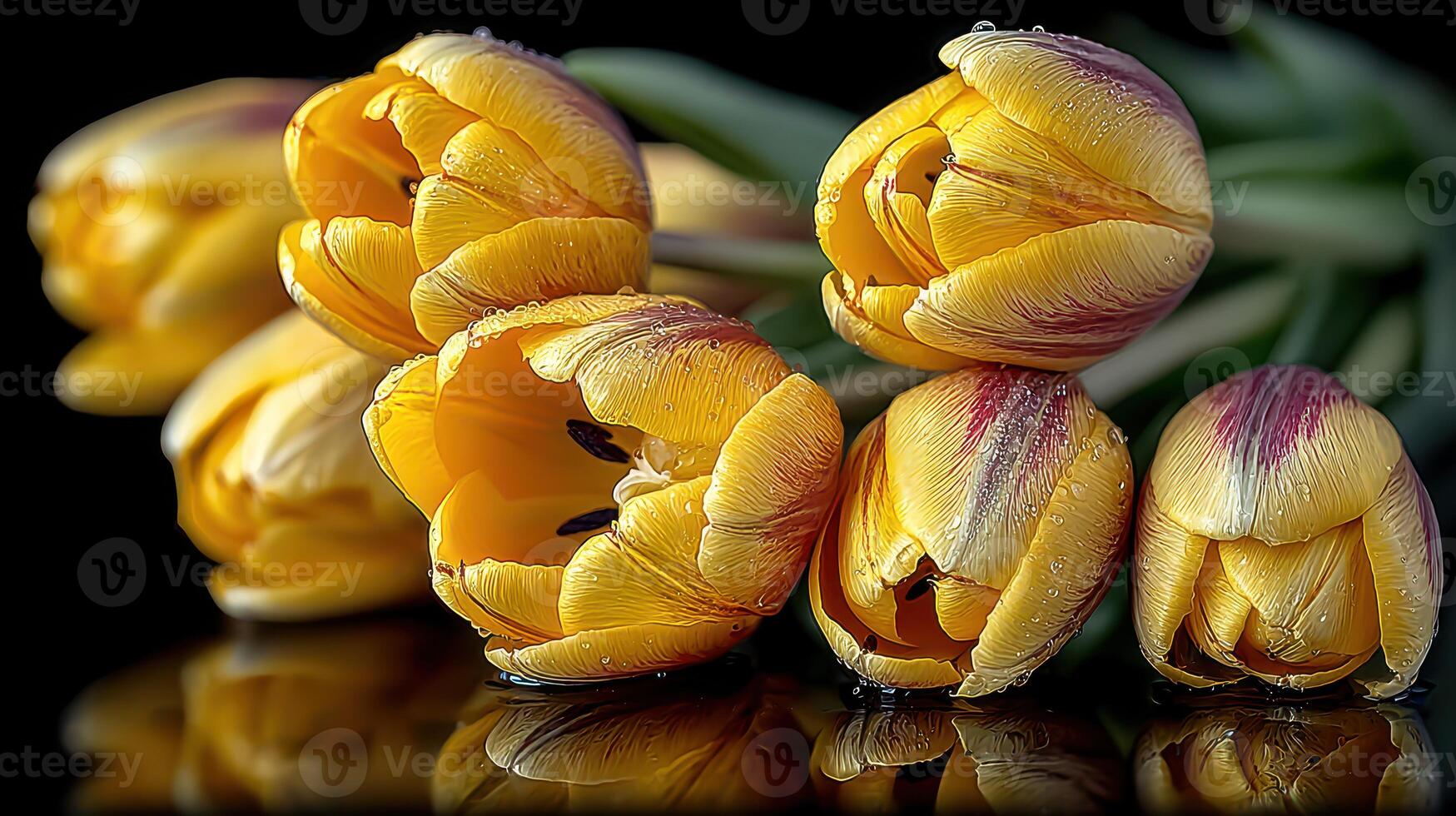 Bright yellow tulips with red tips showing droplets in vibrant colors on a dark background photo