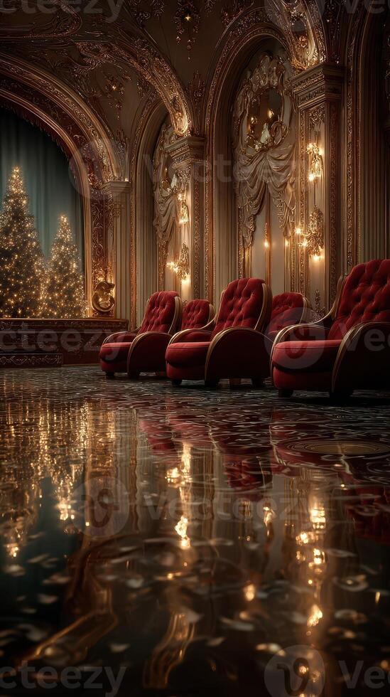 Luxurious interior with red chairs, sparkling decorations, and festive ambiance during holiday season celebration photo