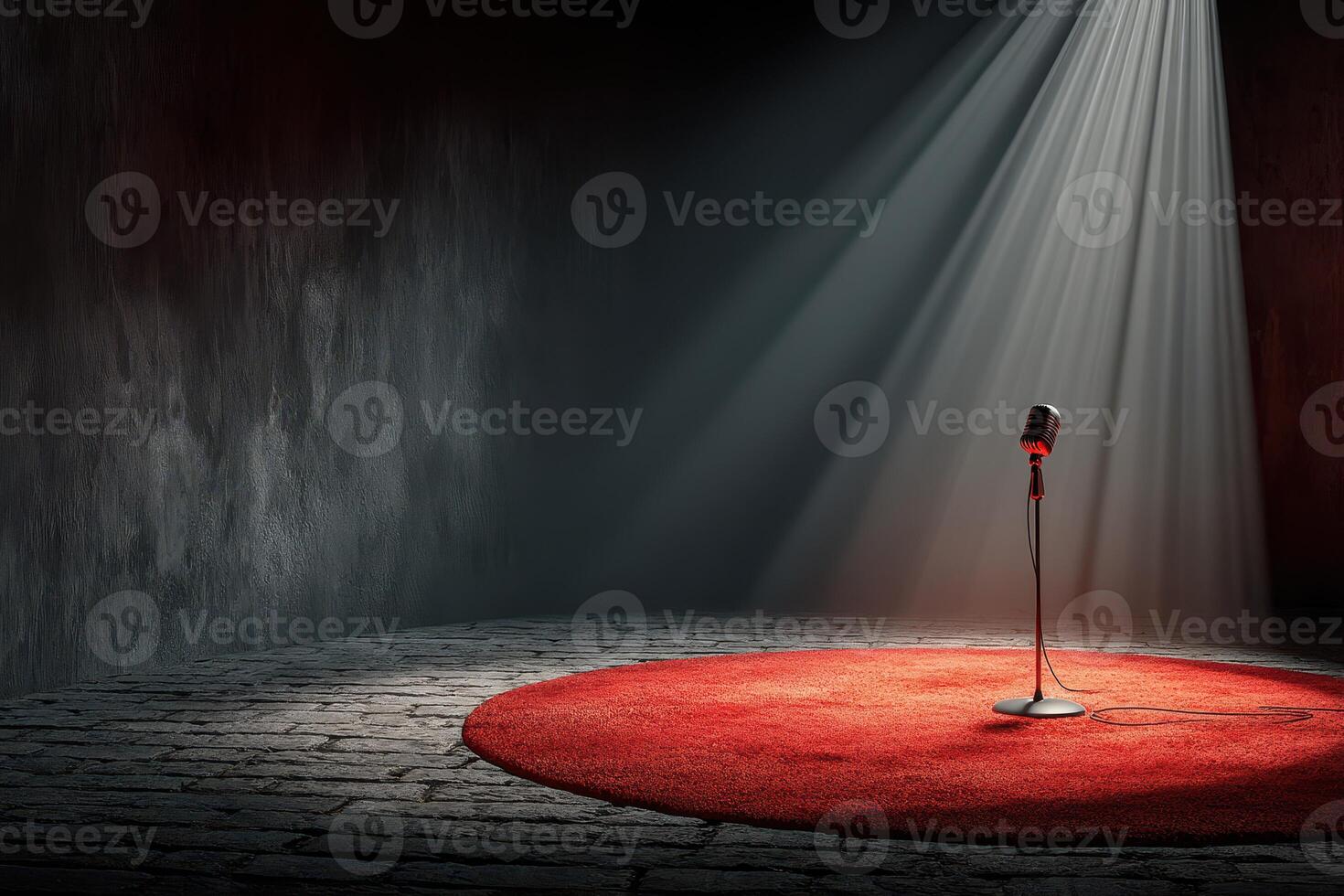 Spotlight on microphone in a dark, intimate setting with a red carpet and dramatic lighting for performance or presentation photo