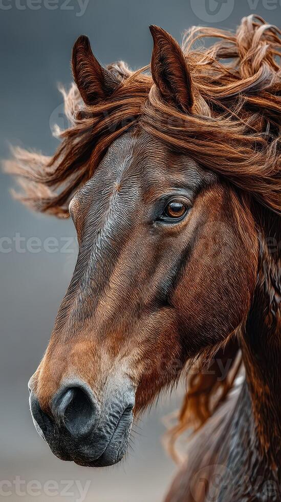 Majestic brown horse with flowing mane against a dramatic background at sunset photo
