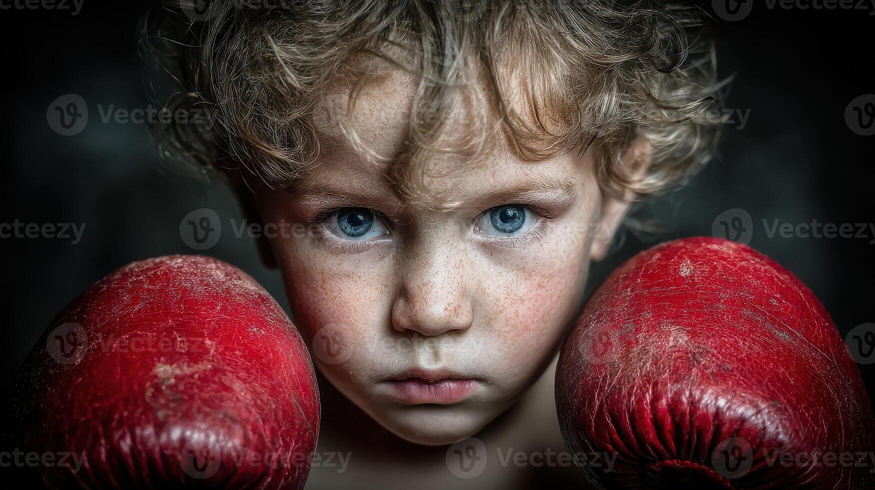 Young child with determined expression wearing red boxing gloves preparing for a match indoors photo