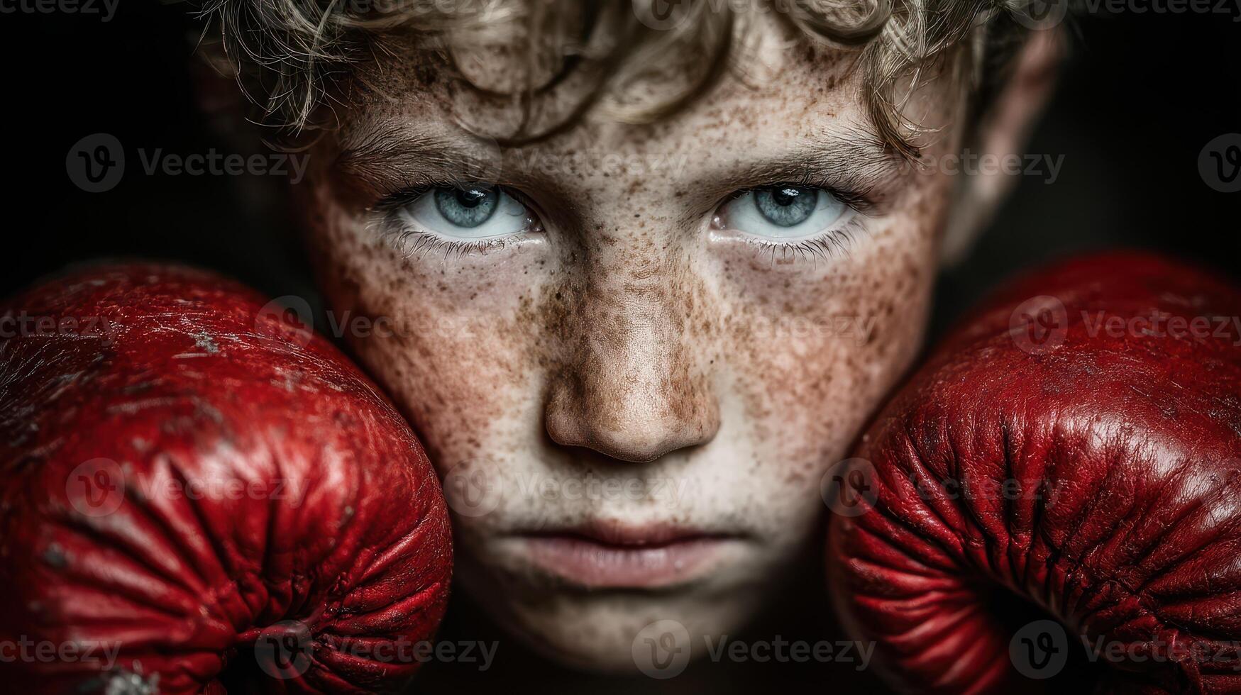 Young boxer preparing for a match with determination in his eyes and gloves resting on his cheeks photo