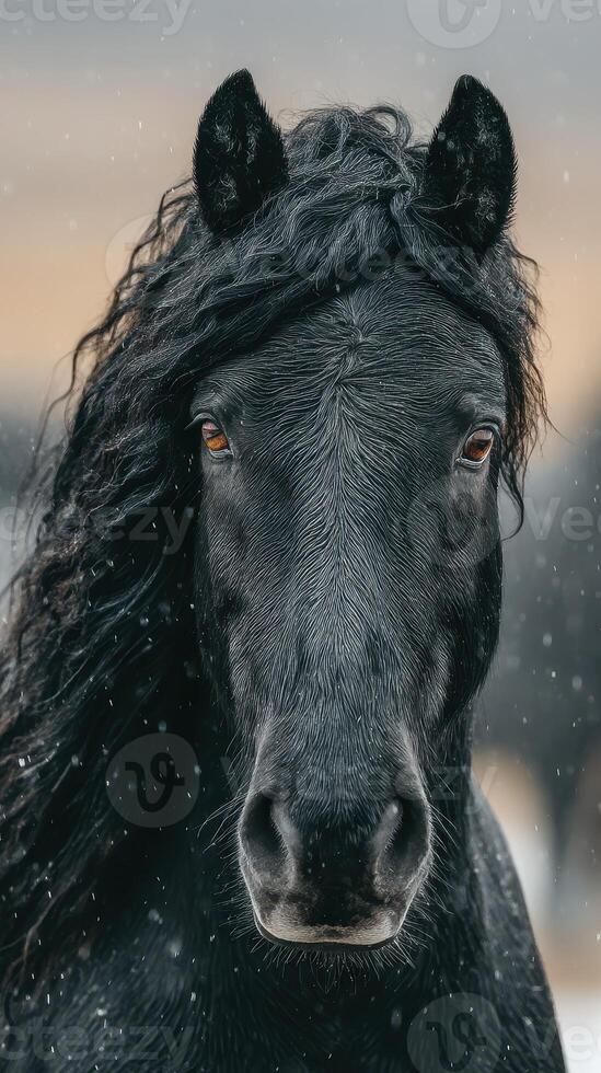 Majestic black horse with flowing mane poses amidst falling snow in a winter landscape photo