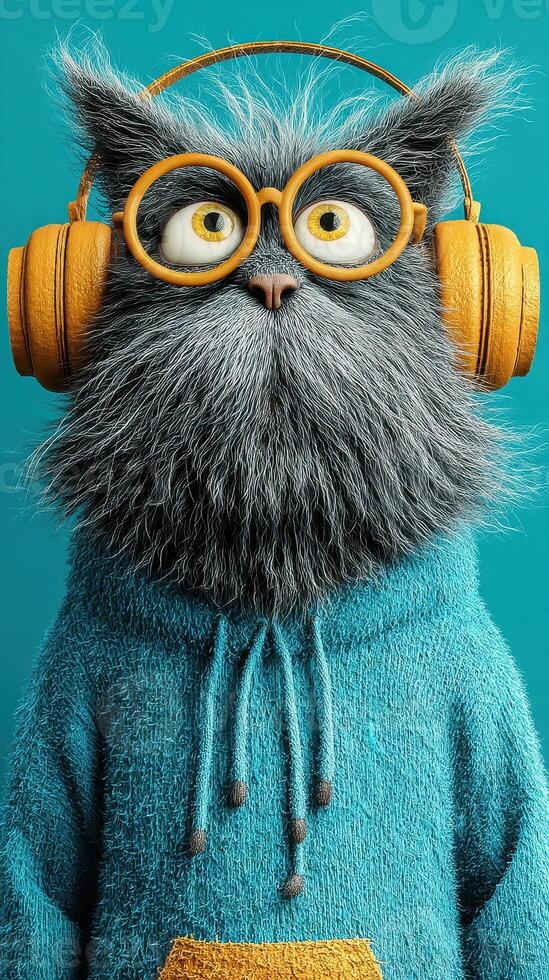 Furry character wearing headphones and a cozy hoodie on a bright background in a playful and whimsical setting photo