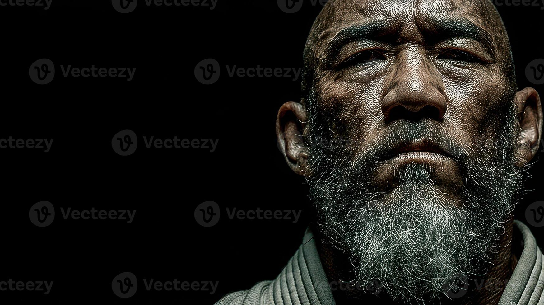Intense close-up of a man with a grey beard showing determination and strength in a training environment during the evening photo