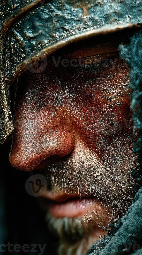 Close-up of a warrior's determined expression during an intense moment in a historic battle setting photo