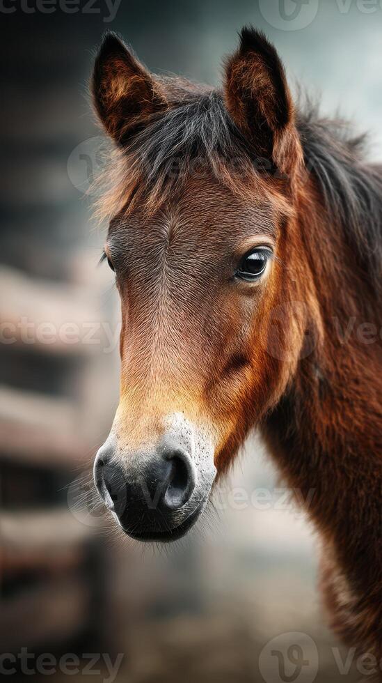 Brown foal gazing curiously in a rustic barn setting during early morning light photo