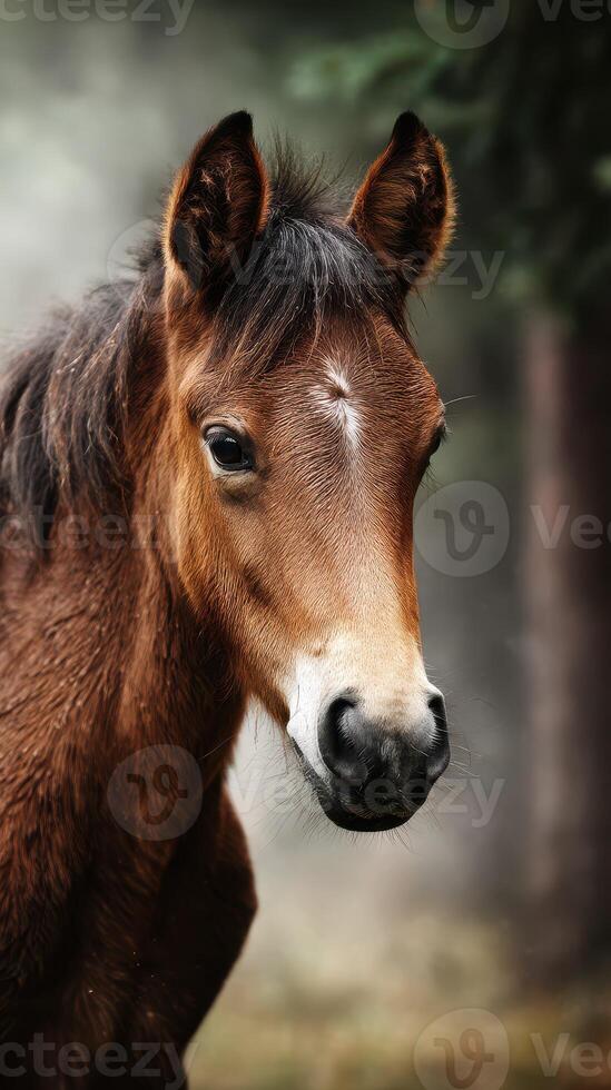 Young horse stands in misty forest, showcasing its gentle features and serene expression while surrounded by nature photo