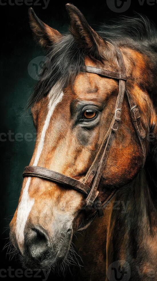 Majestic horse portrait showcasing intricate details of its features and expression in a dark setting photo