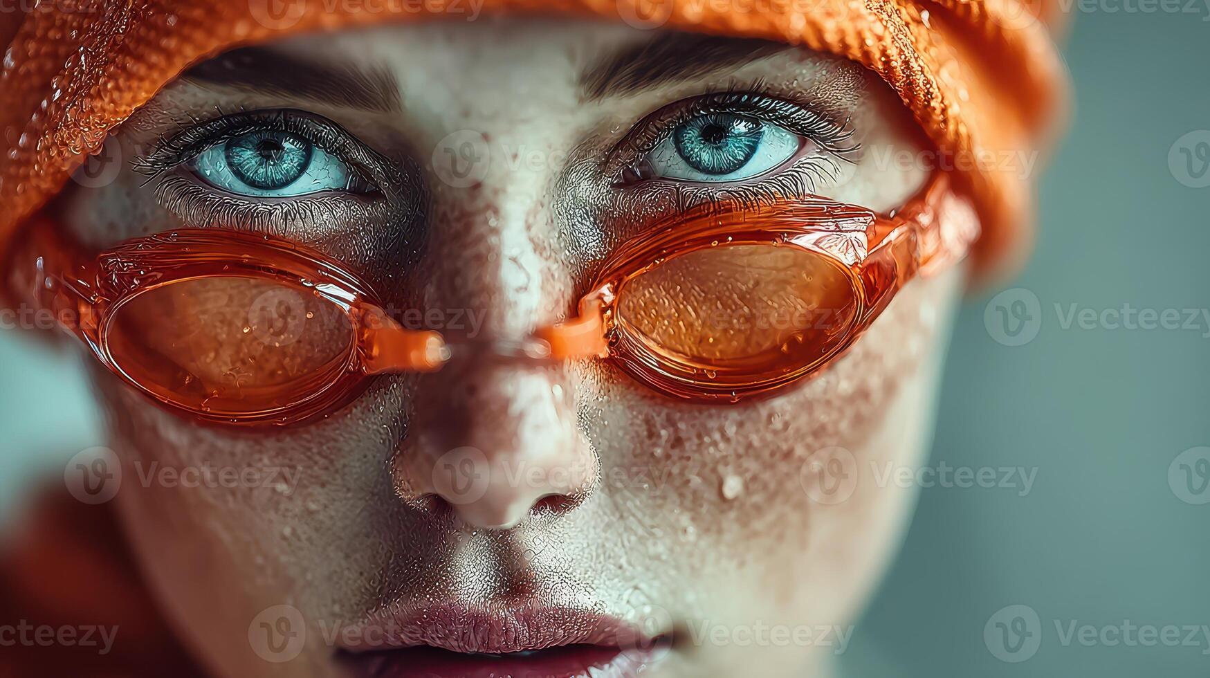 Swimmer prepares for competition with orange goggles and swim cap in an indoor facility photo