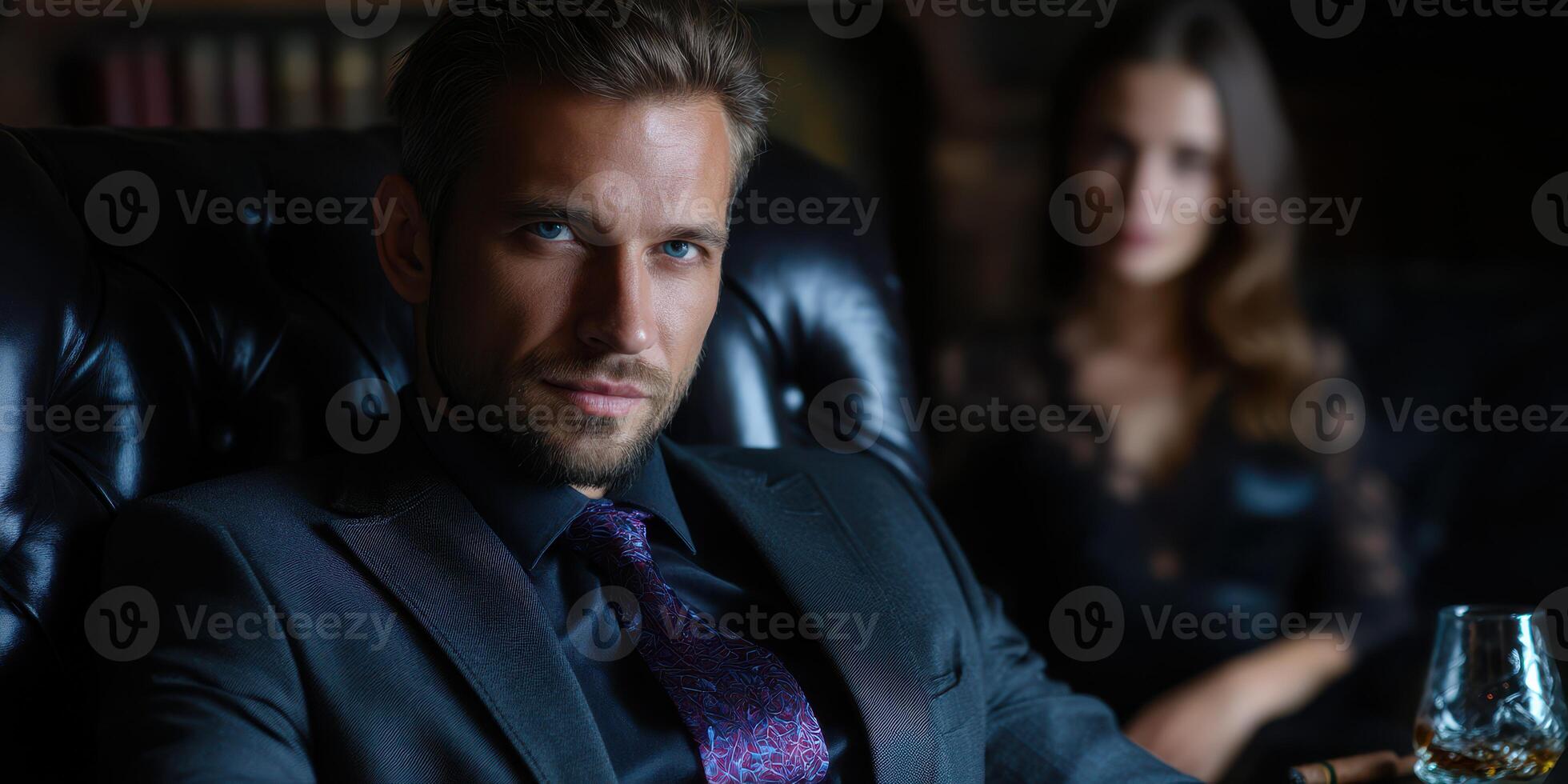 Sophisticated individuals engage in an alluring conversation in a dimly lit lounge during a high-society gathering photo