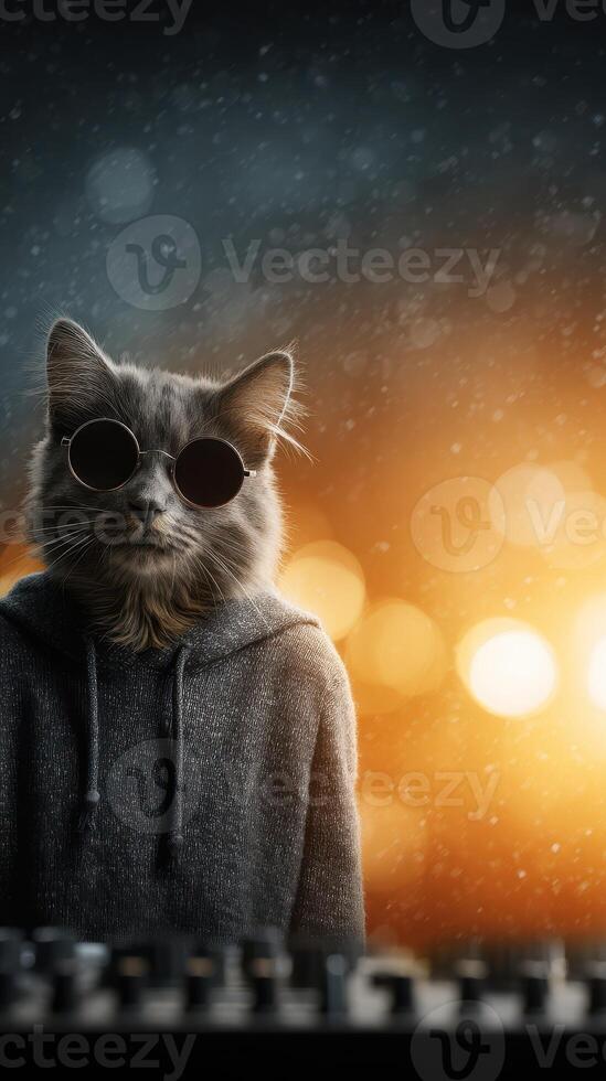 Grey cat wearing sunglasses and a hoodie stands confidently against a colorful blurred background at night photo