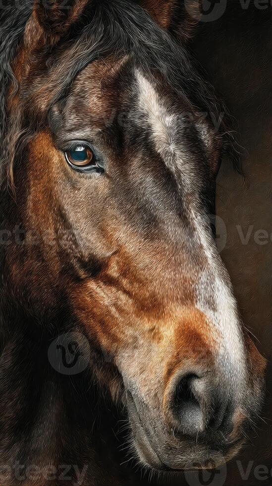 Majestic brown horse with striking blue eye stands against a dark background showcasing its beauty and elegance photo