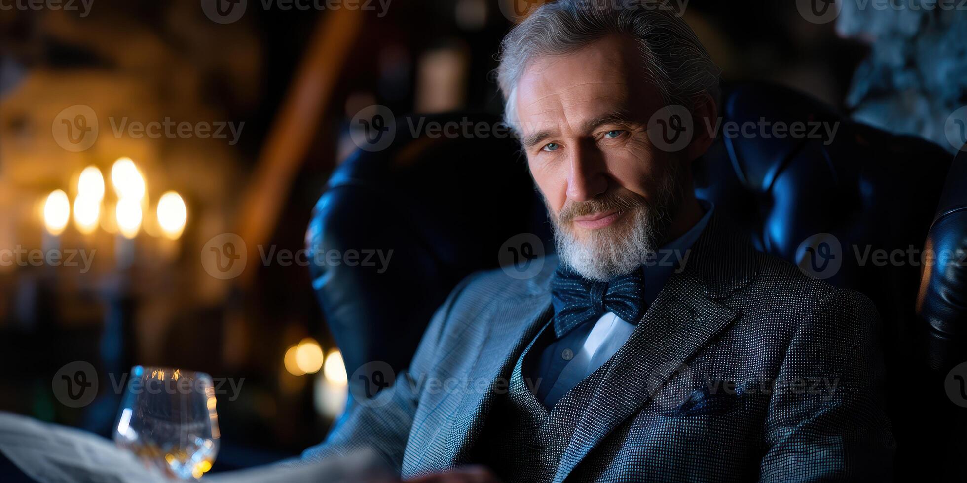 Elegant man enjoying a drink while reading in a cozy, dimly lit lounge with candles and stylish decor photo