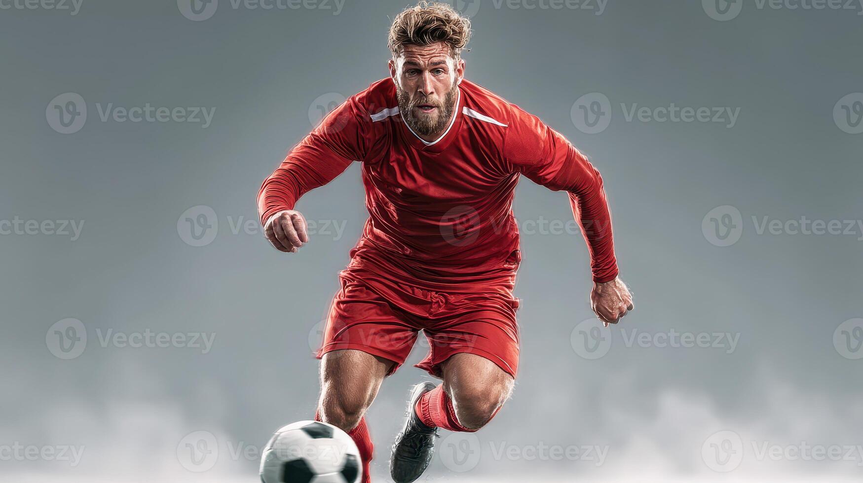 Soccer player showcasing intense focus and speed while dribbling a ball during a competitive match photo