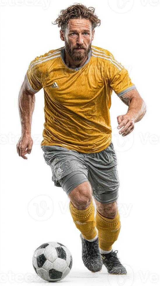 Male soccer player in yellow jersey running towards soccer ball on white background during a training session photo