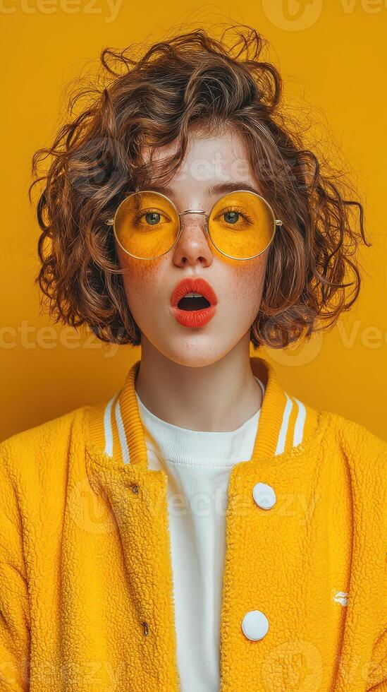 Stylish young woman with curly hair wearing yellow glasses posing against a bright yellow background in a cozy outfit photo