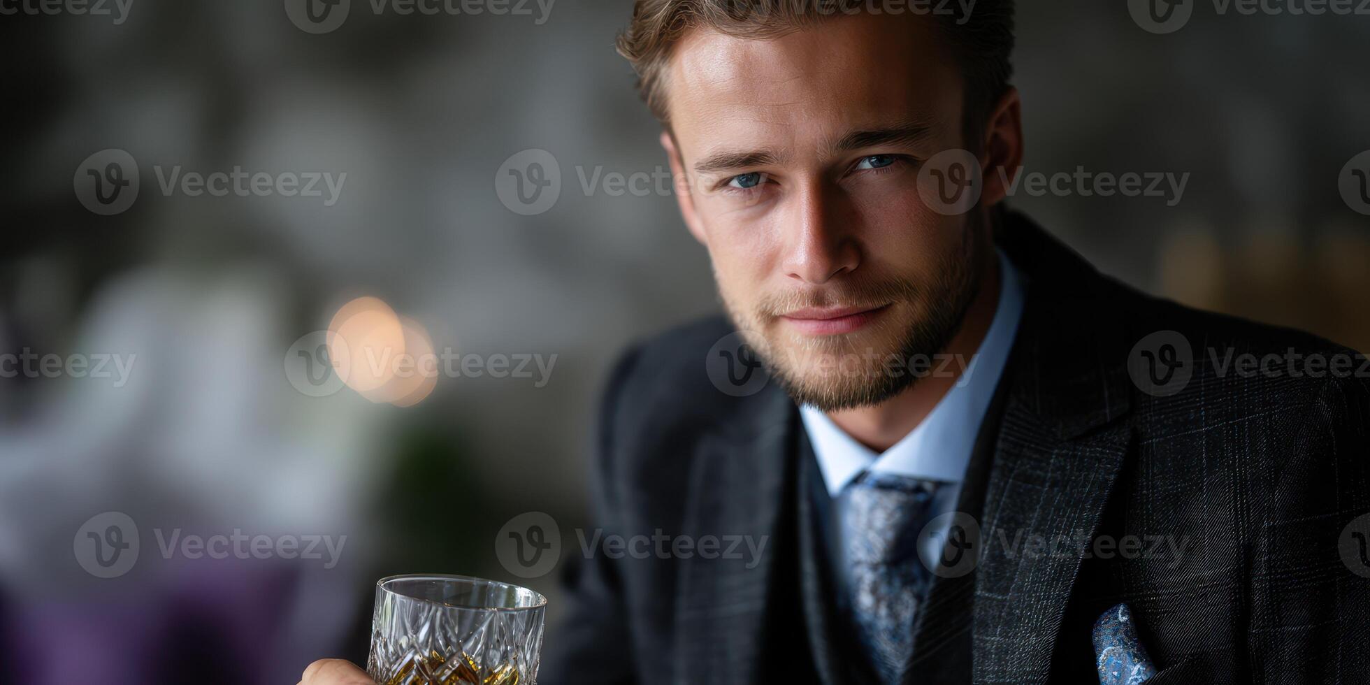 Man in formal attire enjoying a drink in a cozy, elegantly decorated interior during a social gathering in the evening photo