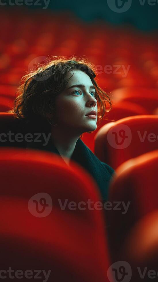 Woman gazes thoughtfully in a theater filled with red seats during a quiet moment of reflection photo