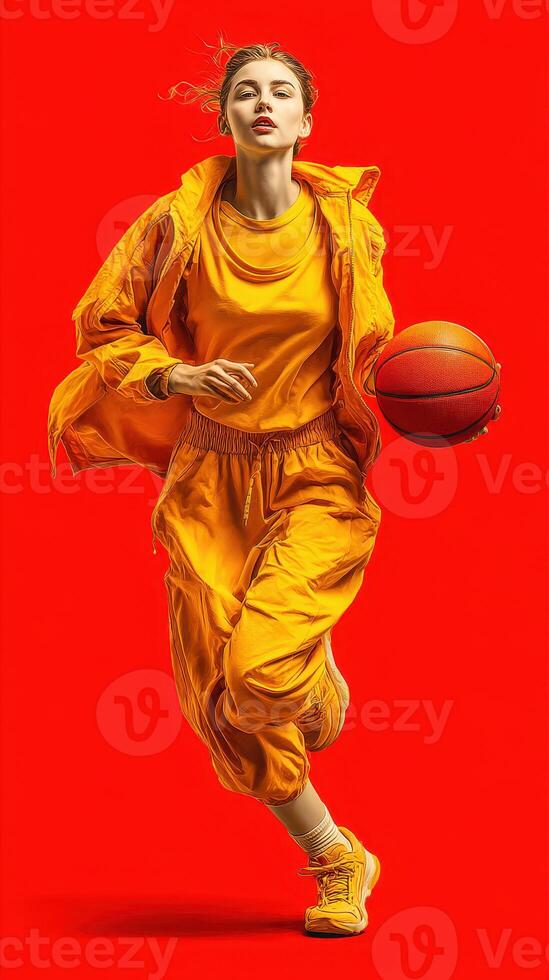 Dynamic athlete dribbling basketball in vibrant orange outfit against bold red background photo