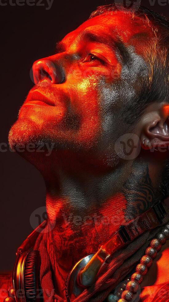 Unique portrait of a man with artistic body paint and intense expression captured in dramatic lighting photo