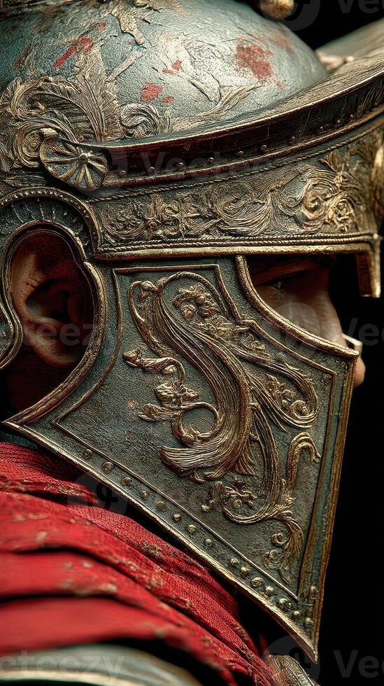 Detailed Roman soldier helmet showcasing intricate designs and craftsmanship at a historical reenactment event photo