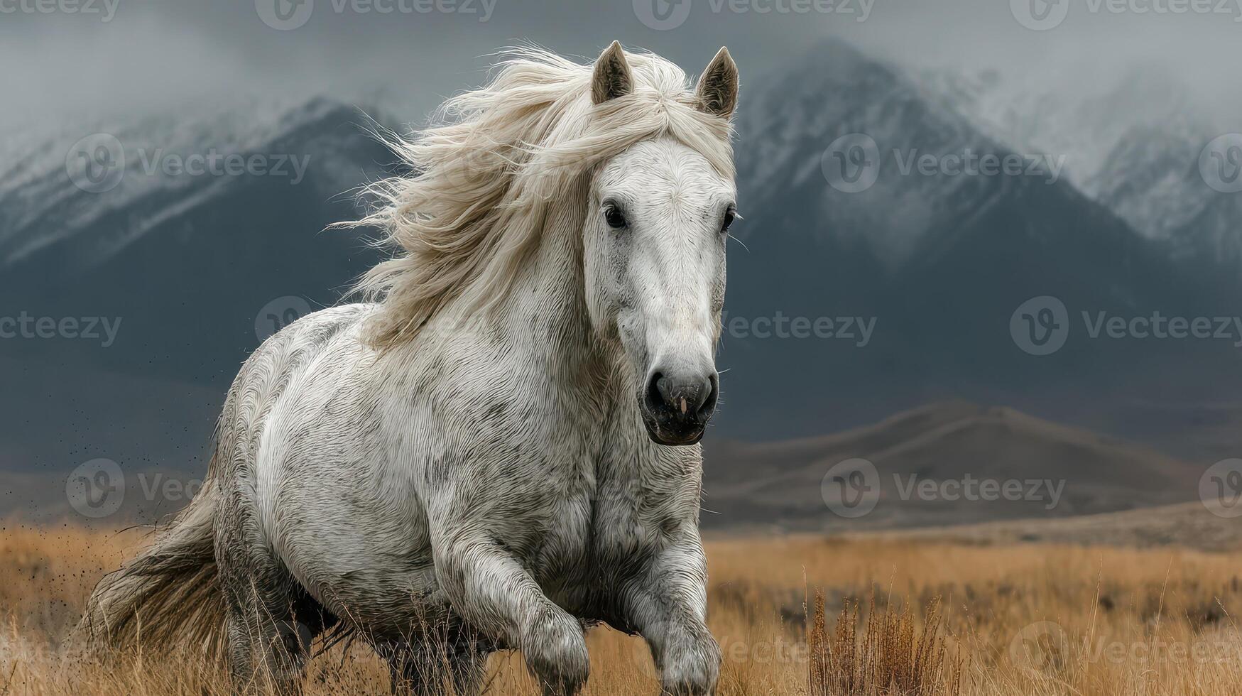 White horse gallops across a grassy plain with mountains in the backdrop during a cloudy afternoon photo