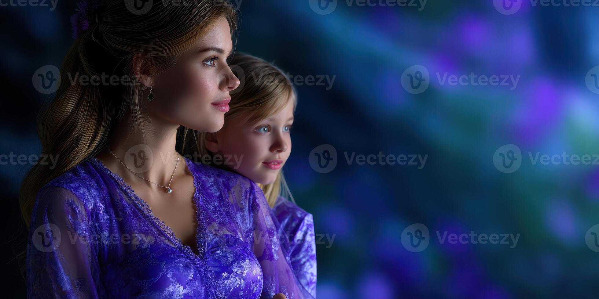 Women wearing purple dresses standing side by side, enjoying a serene moment in a dreamy landscape during twilight photo